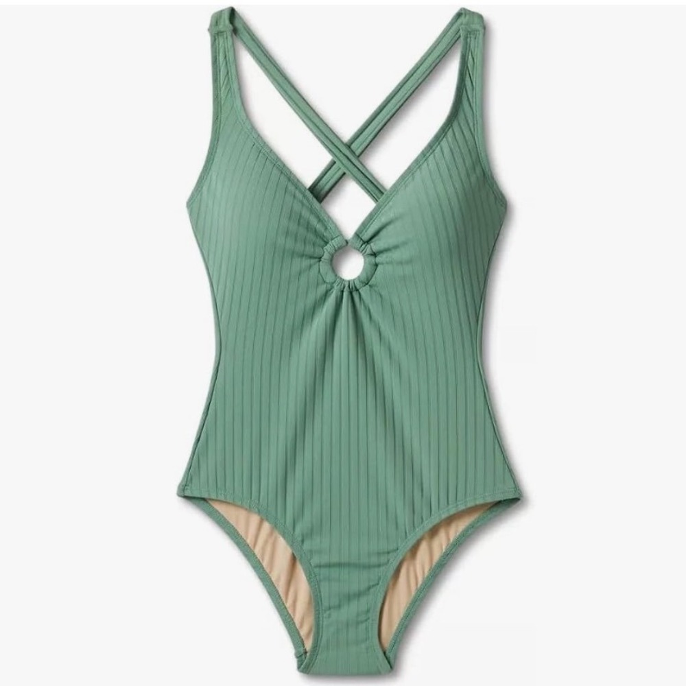 Kona Sol Ribbed O-Ring‎ One Piece Swimsuit Women Size M Green New With Tags